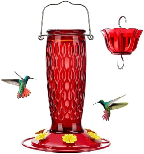 Kingsyard Hummingbird Feeders for Outdoors Hanging, 24 Ounce, Glass Hummingbird Feeder with Ant Moat & 6 Bee Guard Feeding Ports, Leak-Proof, Red