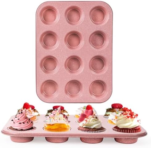 2-Pack Pink Nonstick Muffin Pans, 12-Cup Muffin Cake Pan, 5-Layer Free PFOA/PFOS/PTFE Safe Cupcake Pan, Durable & Easy-Clean Muffin Cup for Baking