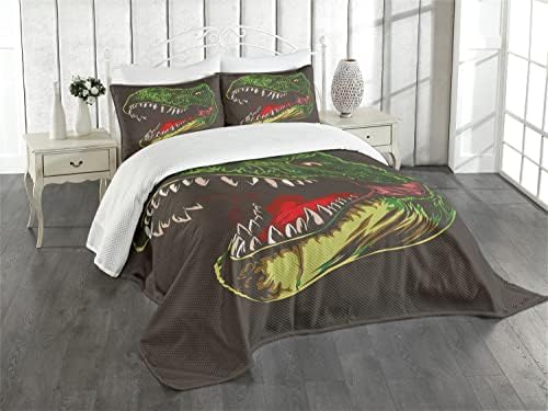 Ambesonne Dinosaur Bedspread Set, Aggressive Wild T-Rex Head Colorful Hand Drawn Style Jurassic Period, 3 Piece Decorative Bedding Coverlet and 2 Pillow Shams, King Size, Dark Brown Fern Green