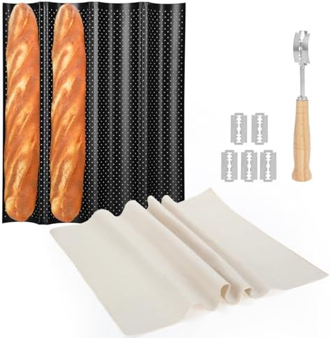 4-Slot French Baguette Pan Set, Non-Stick French Bread Pan, Baguette Baking Pan with Proofing Cloth, Bread Lame, Home Baking Tools Kit for Homemade Bread