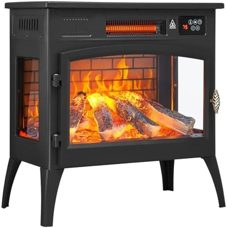 24″ Freestanding Electric Fireplace Stove with 3D Flame Effect and 6 Flame Color, 1000/1500W Infrared Fireplace Stove, 5200 BTU Electric Fireplace Heater with Remote and Timer for Indoor, Black