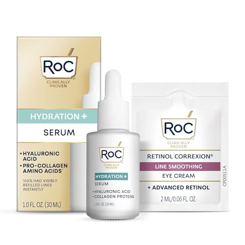 RoC Hydration+ Hyaluronic Acid Serum for Face, Hydrating, Plumping, Fragrance Free, Lightweight Formula with Collagen Proteins (1 Ounce) with Retinol Eye Cream Packette