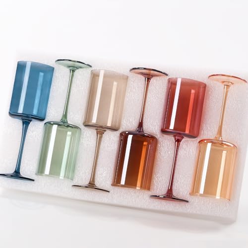 Colored Square Wine Glasses Set of 6, 14oz【Hand Blown】 Colorful Crystal Wine Glasses with Stem - Unique Muticolor Glasses Gifts for Birthday Women Party