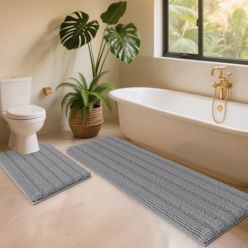 ACCUMTEK Striped Light Grey Toilet Bathroom Rug Mat Set 2 Piece Rug Ultra Soft, Non Slip Chenille Bath Rugs, Absorbent Plush Shaggy Bath Mats for Bathroom, Bedroom, Kitchen, Shower, Tub