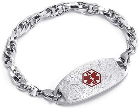 Medical Alert ID Bracelet - Interchangeable Stainless Steel Chain with Filigree Tag Medical Emergency ID Bracelets for Women Free Engraving, 6-8 inch