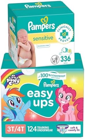 Pampers Easy Ups Pull On Training Pants My Little Pony, 3T-4T, 124 Count with Sensitive Water Based Baby Wipes 4X Pop-Top Packs (336 Count)