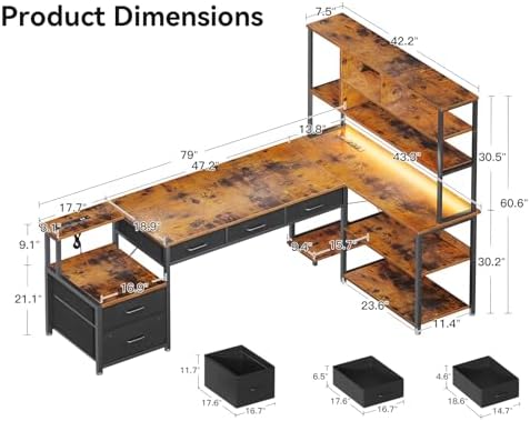 AODK 79 inch L Shaped Desk with 5 Drawers, Reversible L Shaped Gaming Desk with LED Light & 2 Power Outlets, Computer Desk with Storage Shelves for Home Office, Vintage