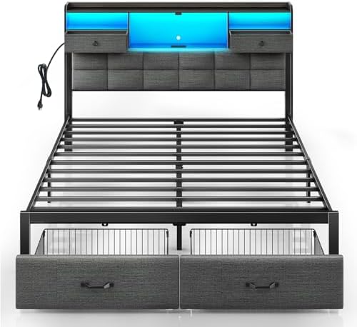 Rolanstar Bed Frame Queen Size with Drawers and Charging Station, Upholstered Platform Bed with Storage Headboard and LED Light, Heavy Duty Metal Frame Support, No Box Spring Needed, Noise Free, Grey