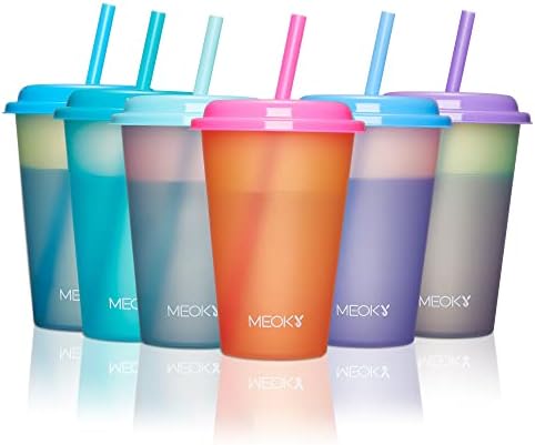 Meoky Color Changing Cups with Lids and Straws for Kids 6Pack 12oz Plastic Reusable Cold Drink Tumblers Summer Party Cups