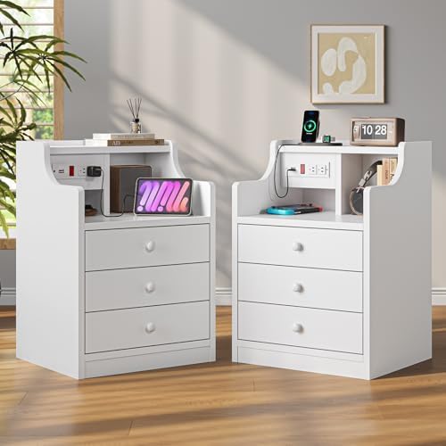 ADORNEVE Night Stand Set 2,White Nightstand with Charging Station & Hutch,Night Stands for Bedrooms Set of 2,Bedside Table with Drawers