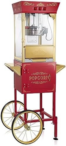 Olde Midway Movie Theater-Style Popcorn Machine Maker with Cart and 10-Ounce Kettle - Red, Vintage-Style Popper on Wheels