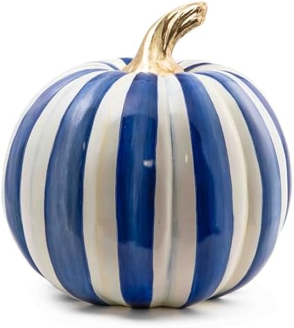 MACKENZIE-CHILDS Medium Pumpkin, Resin Halloween and Fall Pumpkin Decor, Blue-and-White Royal Stripe