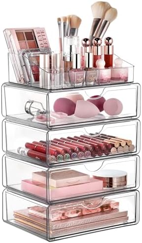 Vtopmart 5 Tier Clear Makeup Organizer with Drawer, Cosmetic Storage for Dresser Countertop and Bathroom Vanity, Beauty Holder for Lipstick Brush Skincare