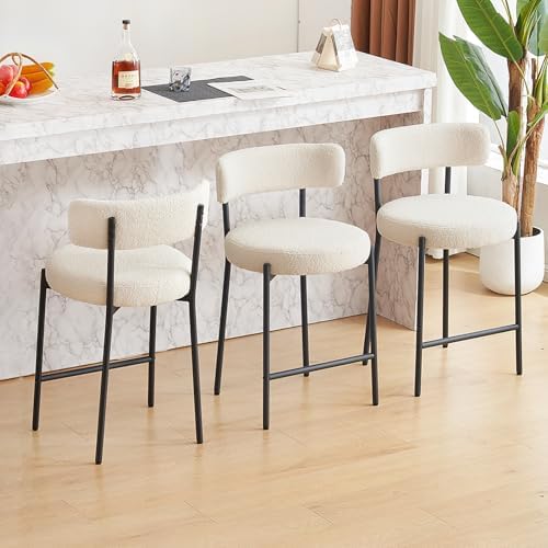 Furnilivng 24'' Bar Stools Set of 3, Modern Boucle Counter Height Bar Stools with Curved Back and Black Metal Frame, Upholstered Kitchen Stools, Barstools for Kitchen Island, Bar, White