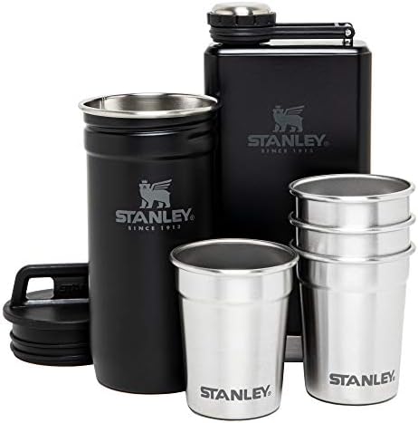 Stanley Adventure Pre-Party Flask and Nesting Shot Glass Set | 8 oz Leakproof Hip Flask | 4 Shot Glasses in Travel Carrying Case | Insulated Stainless Steel Liquor Flask | BPA-Free | Matte Black