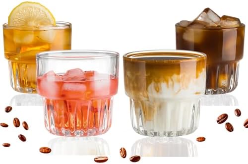 8oz Drinking Glasses Set of 4, Stackable Iced latte Coffee Glass, Beer Glasses, Cocktail Glasses, Coffee Mugs for Latte, Tea, Water glasses for bar, restaurant