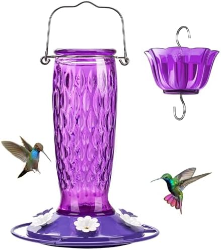 Kingsyard Hummingbird Feeders for Outdoors Hanging, 24 Ounce, Glass Hummingbird Feeder with Ant Moat & 6 Bee Guard Feeding Ports, Leak-Proof, Purple