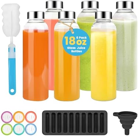 PROBTTL 18 oz Glass Juice Bottles with Lids - Refillable Clear Glass Water Bottles with Stainless Steel Airtight Caps, Drinking Juice Containers - Reusable, Dishwasher Safe, Leak Proof, 6 Pack