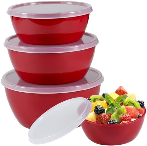 Classic Plastic Prep Bowls with Lids, Set of 4, Microwave and Dishwasher Safe (Red)