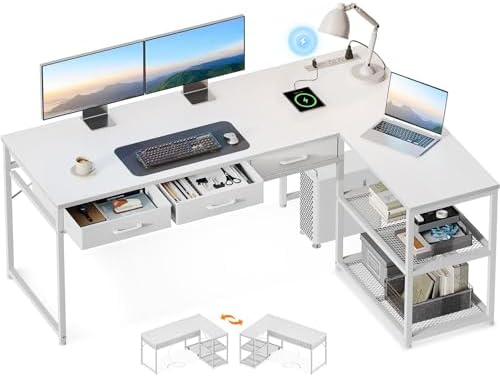 AODK 61 Inch L Shaped Computer Desk with Drawers, Corner Desk with Power Outlets & Reversible Storage Shelves, Movable CPU Stand for Home Office Gaming, White