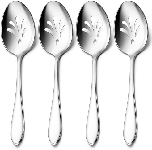 Stainless Steel Slotted Serving Spoons, E-far 4-Piece Metal Tablespoons Hostess Serving Utensils Set for Catering Buffet Party Kitchen Restaurant, Dishwasher Safe