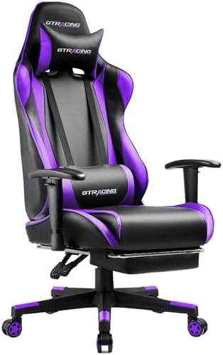 GTRACING Gaming Chair with Footrest, Ergonomic Computer Game Desk Chair, Reclining Gamer Chair Seat Height Adjustment, Swivel Rocker with Headrest and Lumbar, Purple