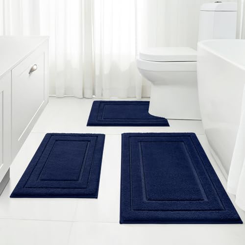 HOMEIDEAS Bathroom Rugs Sets 3 Piece, Super Soft and Absorbent Non Slip Microfiber Toilet Bath Mat with U-Shaped (Navy Blue)