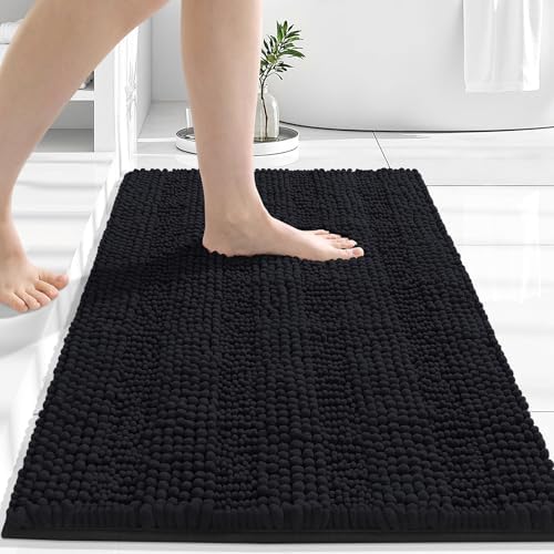 Grandaily Chenille Striped Bathroom Rugs 24x16, Extra Thick and Absorbent Bath Mats, Non-Slip Soft Plush Shaggy Shower Carpet, Machine Wash Dry, Bath Rug for Bathroom, (Small, Black)