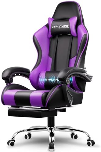 GTPLAYER Gaming Chair, Computer Chair with Footrest and Lumbar Support, Height Adjustable Game Chair with 360°-Swivel Seat and Headrest and for Office or Gaming (Faux Leather, Purple)