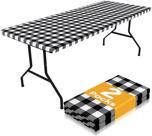 Smiry Picnic Table Cloth 2 Pack, Waterproof Elastic Fitted Tablecloths for 6FT Rectangle Tables, Washable Polyester Buffalo Plaid Tablecloth for Camping, Dining & Outdoor (Black & White, 30" x 72")