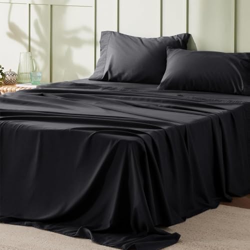 Bedsure California King Sheet Sets - 4 Pieces Soft Cal King Sheets - Breathable & Cooling - Hotel Luxury - Easy Care Polyester Microfiber Bedding for Women, Men, Black