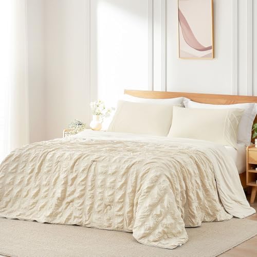 Cozy Bliss Cooling Comforter Seersucker Plaid King, Q-Max 0.4 Reversible Lightweight Cooling Blanket, Breathable Silk Smooth Summer Bedding Quilt for Hot Sleepers Night Sweats Khaki