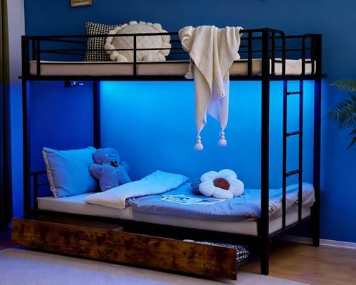 VINGLI Metal Bunk Bed Frame Twin Over Twin with 2 Drawers, LED Lights, Non-Slip Ladder, Full Length Guardrail, Charging Station, for Kids, Teens & Adults, Space-Saving, No Box Spring Needed, Black
