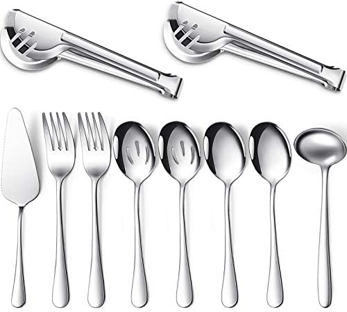 Patelai Serving Utensils Set Include Large Spoons Slotted Spoons Forks Tongs Soup Ladle and Pie Server Buffet Catering for Dishwasher Safe(Silver,10 Pieces)
