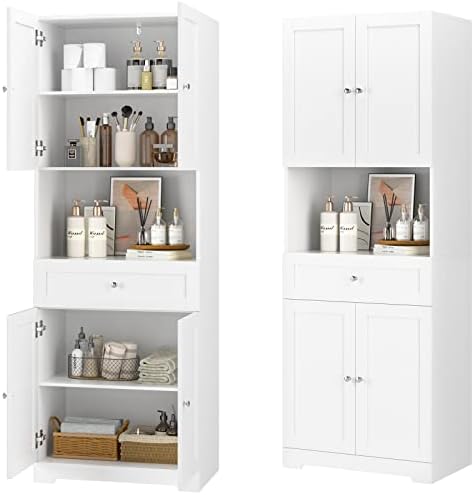 Tall Bathroom Storage Cabinets with Drawer, Modern Linen Cabinet with Doors & Shelves, 67"H Tall Storage Cabinet Freestanding for Bathroom, Dining Room, Kitchen & Pantry, Laundry, Narrow Corner, White