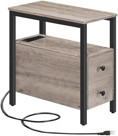 HOOBRO End Table with Charging Station, Narrow Side Table with 2 Drawers & USB Ports & Power Outlets, Nightstand for Small Spaces, Bedroom, Living Room, Stable and Sturdy, Greige and Black BG541BZ01