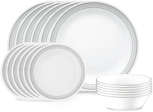 Corelle Vitrelle 18-Piece Service for 6 Dinnerware Set Triple Layer Glass and Chip Resistant, Lightweight Round Plates and Bowls Set, Mystic Gray