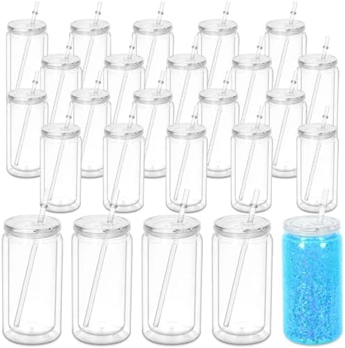 16 Oz Acrylic Snowglobe Tumbler, 25 Pack Pre-Drilled Double Wall Plastic Clear Cup for Glitter Snow Globe Diy, Double Wall Plastic Snowglobe Cup with Clear Lid