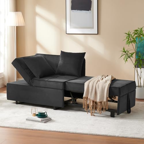 Sofa Bed 4-in-1 Convertible pull out Couch, Velvet Love seat Couch Sleeper Chair Bed with 2 Throw Pillow, Single Recliner with 5 Adjustable Backrests for Living Room Apartment Small Space, Dark Grey