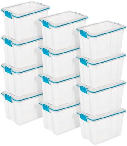 Sterilite 12-Pack Gasket Box, Weather-Resistant Storage Bins with Latching Lids, 20 Quart - Heavy-Duty Organizing Containers for Closet, Bathroom, and Office