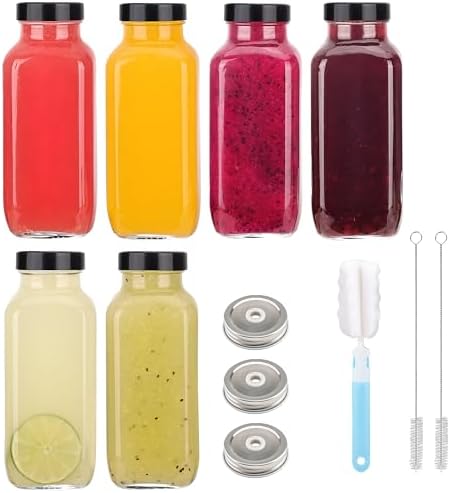 Andemi 16 oz Glass Juice Bottles with Lids, 6-Pack Reusable Juice Containers, Water Bottles, Glass Drink Jars for Juicing, Smoothies, Kombucha, Ginger, Milk