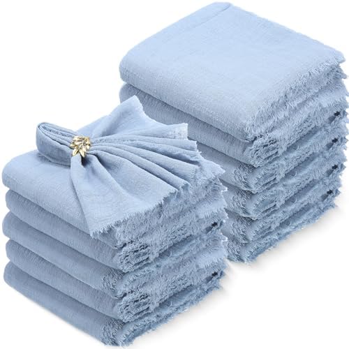 Buryeah 48 Pcs Cotton Linen Cloth Napkins with Fringe 16.5 x 16.5 Inch Square Rustic Dinner Linen Napkins Bulk for Wedding Party Banquet Dinner(Dusty Blue)