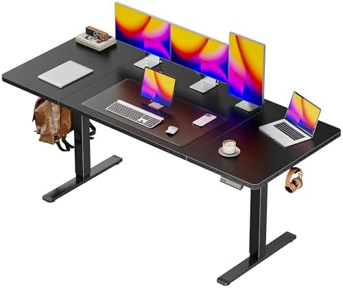 Huuger 63 x 28 Large Electric Standing Desk, Height Adjustable Computer Desk, 27.6" Deep Desktop, Stand up Gaming Office Table with 2 Hooks, 3 Preset Heights, for Home Office, Black