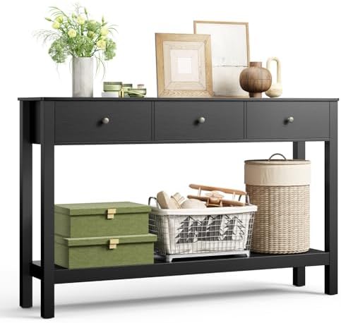 Gizoon 3 Drawer Wooden Sofa Table with Open Shelf, Modern Accent Console Table with Metal Round Handles, Large Storage Space, for Living Room, Front Hall, Entrance Hall, Study Room, Black