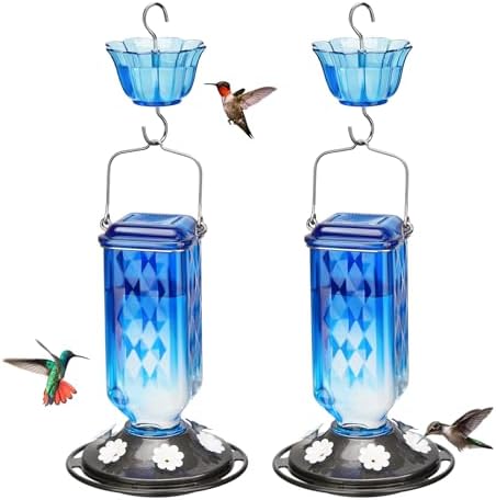 Kingsyard 2 Pack Glass Hummingbird Feeder for Outdoor Hanging, 24 Ounces, 6 Feeding Ports, Bird Nectar Feeder for Garden DΓ©cor, Ant Moat Included, Blue