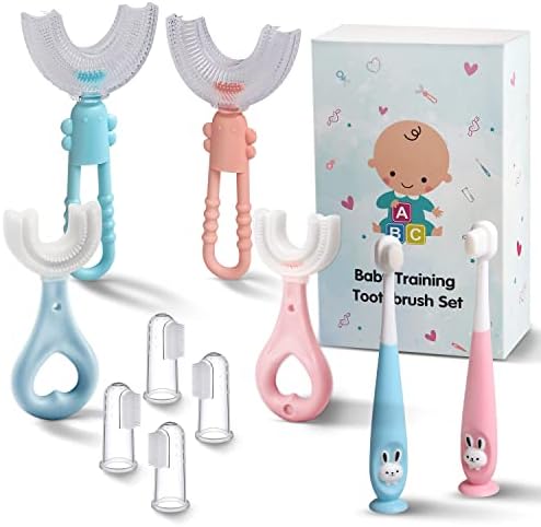 Baby Toddler Infant Toothbrush 6 to 12 Months and Up Age 1 2 3 1-2 2-4 Year Old, 10 in 1 Toothbrushes Gift Set with Soft Finger U-shaped Brush Brushing Bristles for Newborns Kids Children Child