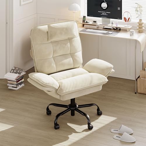 Bestier Criss Cross Chair with Flip Armrests, Big and Tall Office Chair for Cross Legged Sitting, Reclining Computer Chair with Side Pockets & Headrest - Beige