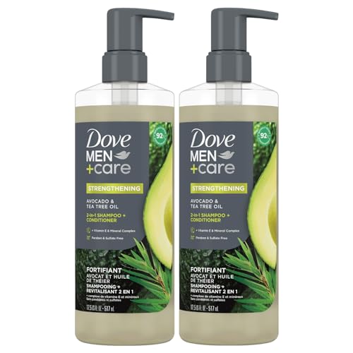 Dove Men+Care Shampoo and Conditioner 2-in-1, 2-Pack – Strengthening with Vitamin E & Mineral Complex, Avocado & Tea Tree Oil, 17.5 Oz Ea