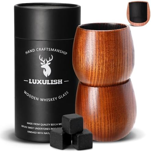 Charred Wooden Bourbon Glass, Include 3 Ice Whiskey Rocks, The Original Wood Bourbon Drinking Cup, Old Fashioned Whiskey Glasses Tumblers, Cool Gift for Men, Dad, Husband, Brother, Friends