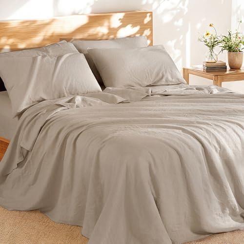 Shilucheng 100% French Linen Sheets - King Size Bed Sheets, Breathable & Cooling Pure Linen Sheets,Soft Durable and Tear Resistant -16 Inch Deep Pocket - 6Pcs (Linen, King)